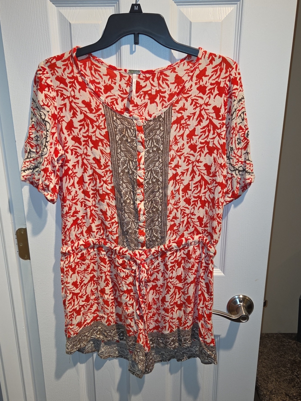 Free People Red & Cream Printed Short-Sleeve Romper